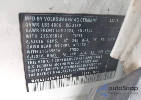 2015 Volkswagen Tiguan S z USA, uszkodzony, nr VIN WVGAV7AX3FW590545